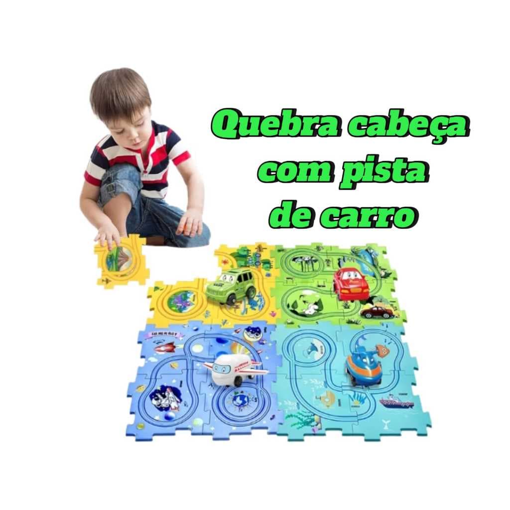 Carro Elétrico  Pista Quebra-Cabeça 4 peças Brinquedo Infantil Educativo Construção p/ crianças 3 a 5 anos