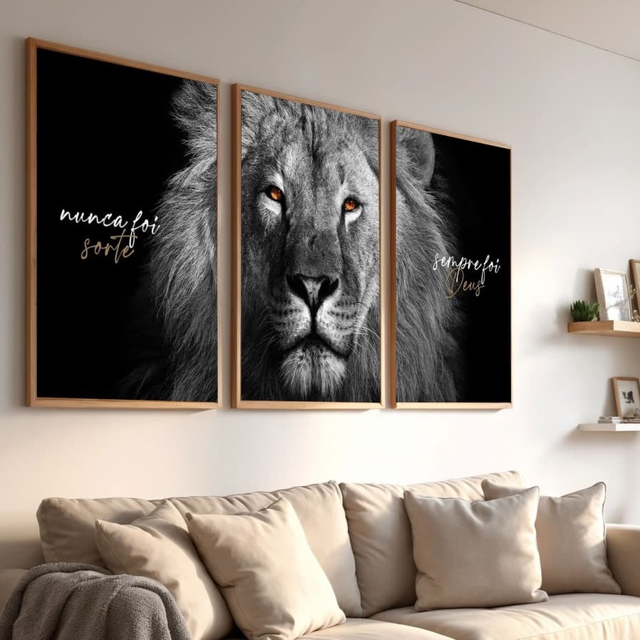 Kit 3 Quadros Decorativos Leão Sempre Foi Deus Moldura Com Vidro Quadro Cristão Religioso 4 Cores