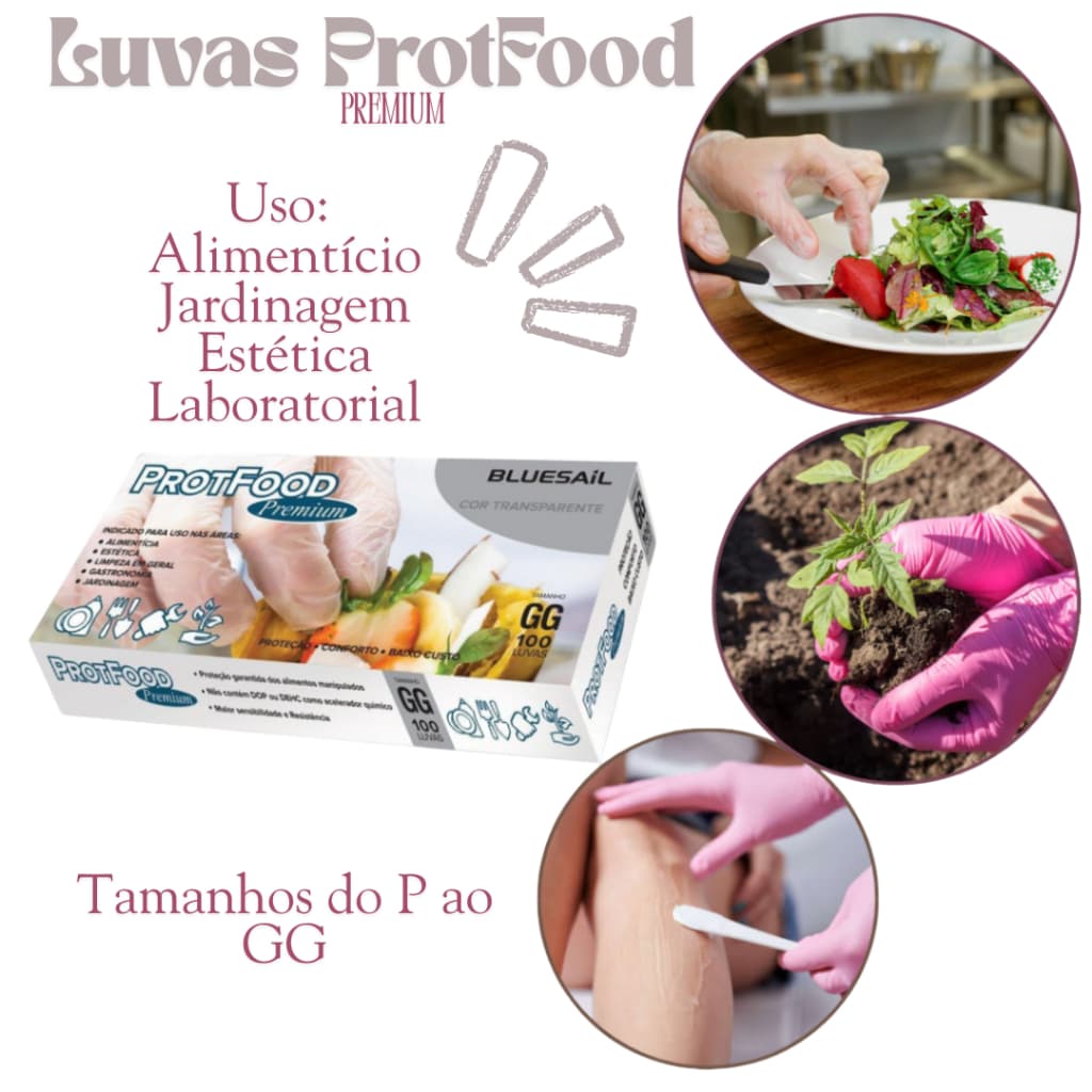 Caixa com 100 Luvas de PVC ProtFood – Tamanhos P, M, G, GG – Uso em Cozinha, Estética, Jardinagem