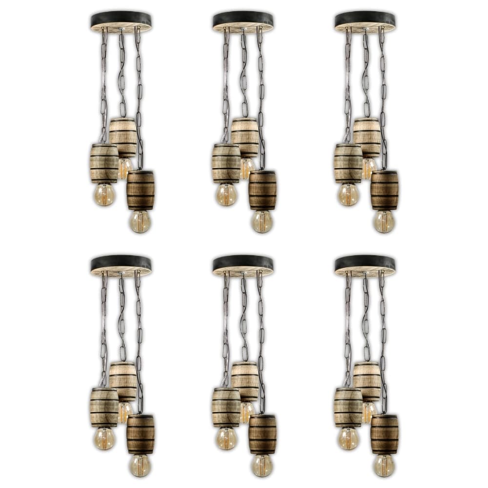 Kit 6 Luminária Pendente Lustre Rústico Vintage Colonial em Madeira Maciça Modelo Barril - Rústico