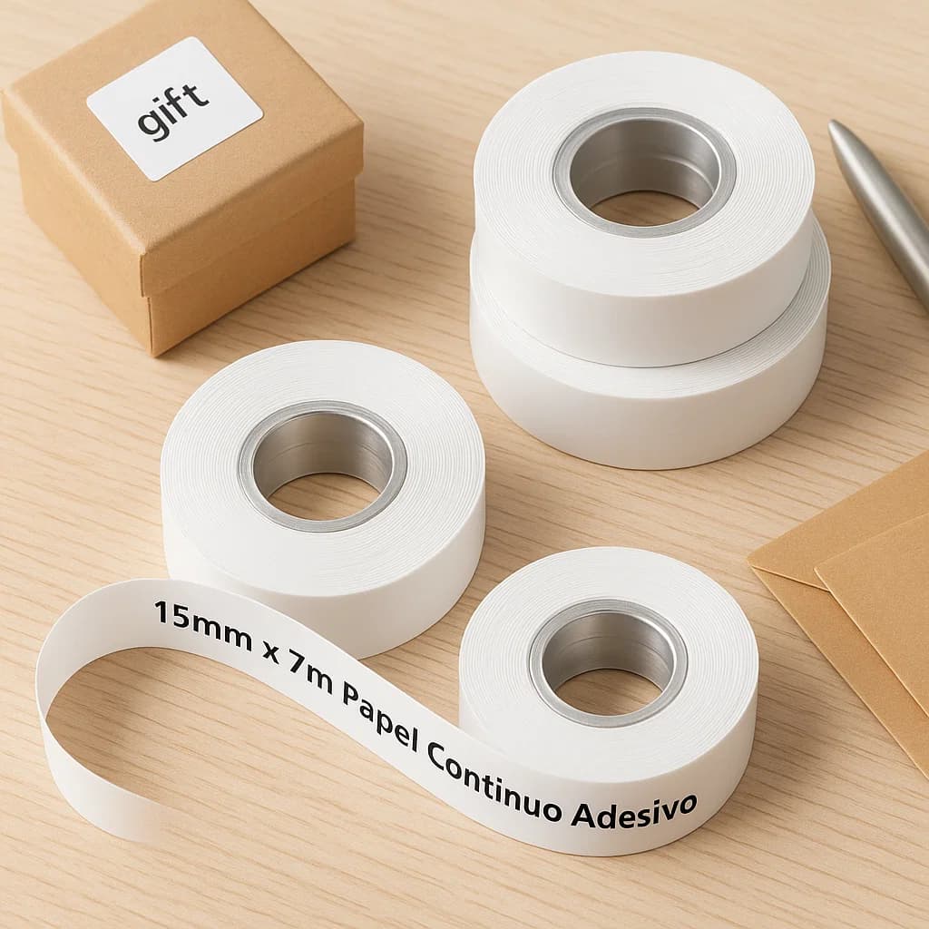 Kit 3 Rolos Etiquetas Adesivas Térmicas Continuas 15mm x 7m Impermeável Sem Cola Resíduo Resistente
