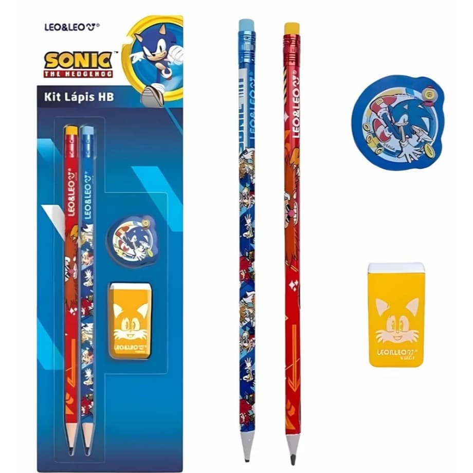 Leo&Leo Kit Lápis HB Sonic The Hedgehog Com Borracha e Apontador Material Escolar