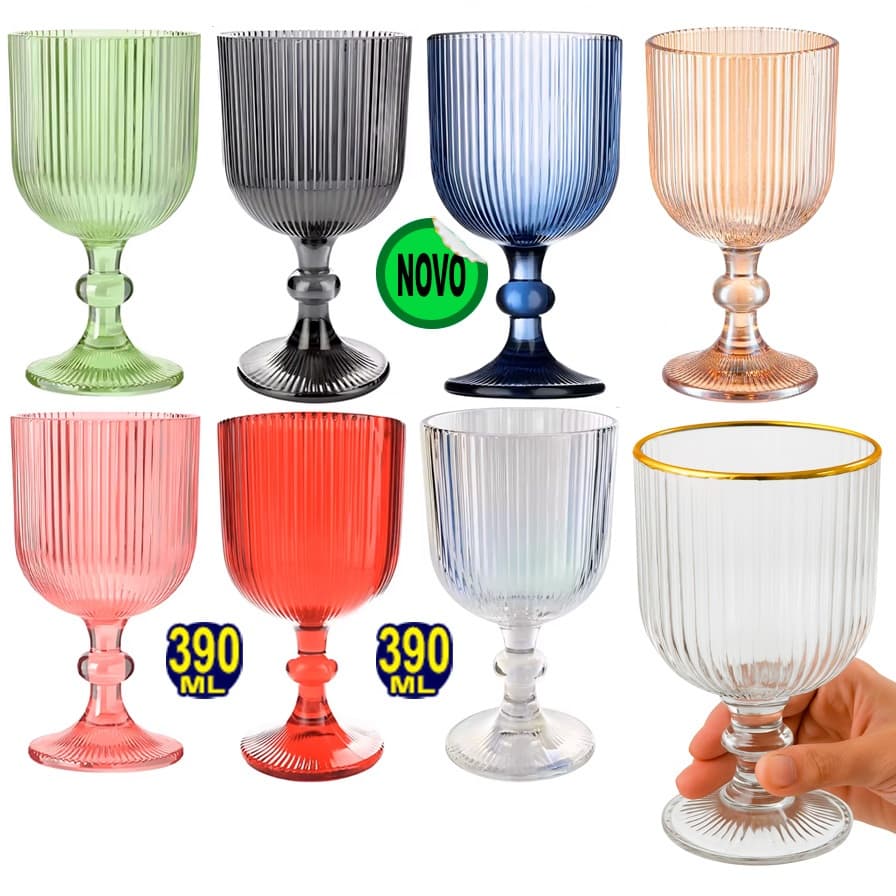 taça canelada de vidro diferente jogo ou em unidade, 340/390 ML graffiato, Vinho, Água e Drinks