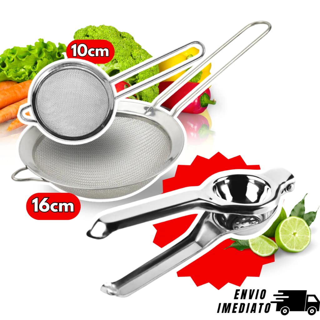 Kit Espremedor de Limão + 2 Peneiras Inox Comida Casa Receitas 10cm 20cm Utensilios Cozinha