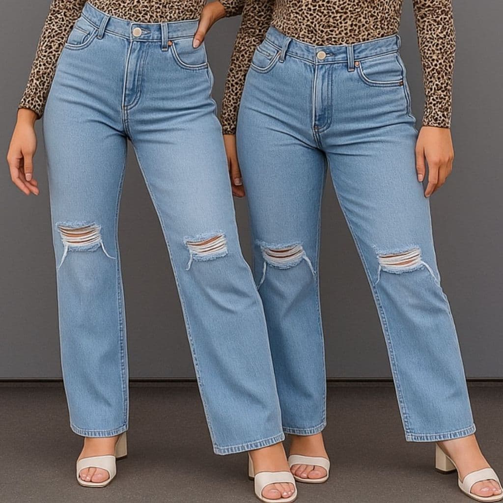 Kit 2 Calça Jeans Wide Leg Lavagem Clara Rasgada Cintura Alta Qualidade Premium Envio Imediato