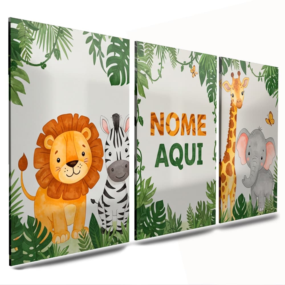 quadros decorativos quarto menino *nome personalizado* animais leão zebra girafa elefante