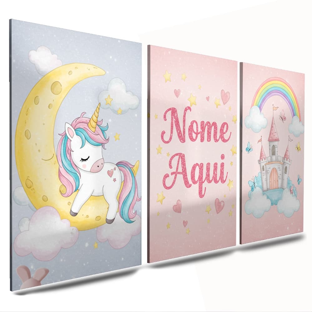quadros decorativos para quarto de menina nome personalizado castelo unicornio rosa