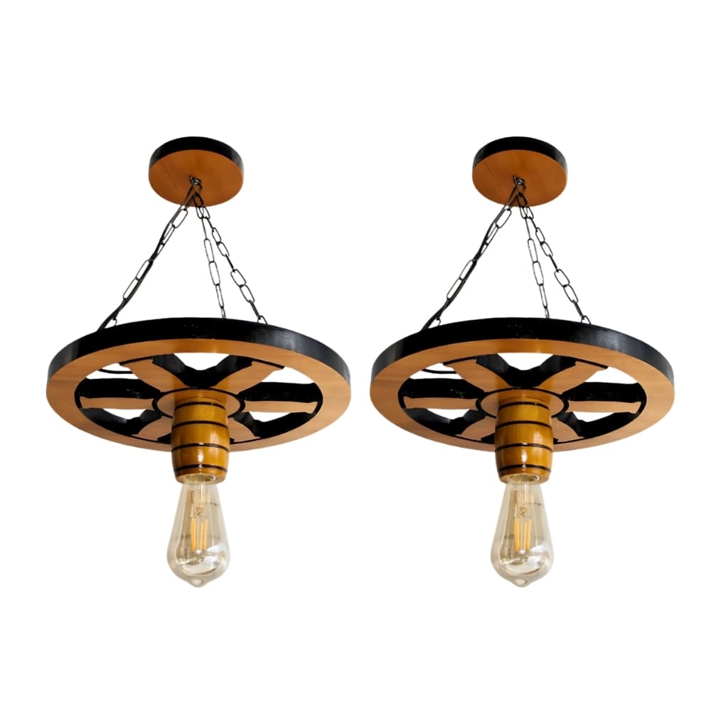 Kit 2 Luminária Lustre Roda de Carroça 33cm Pendente de Madeira Maciça Rústica Vintage - Cerejeira