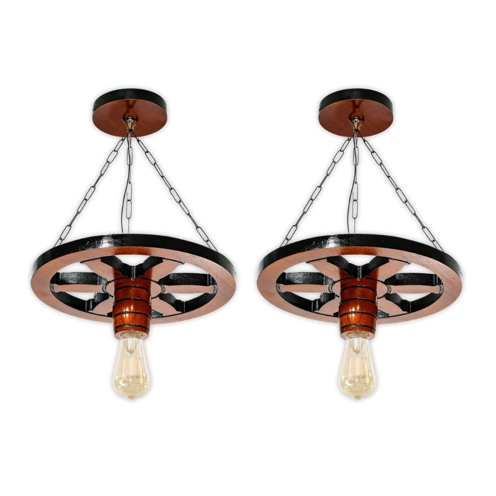 Kit 2 Luminária Lustre Roda de Carroça 33cm Pendente de Madeira Maciça Rústica Vintage - Mogno