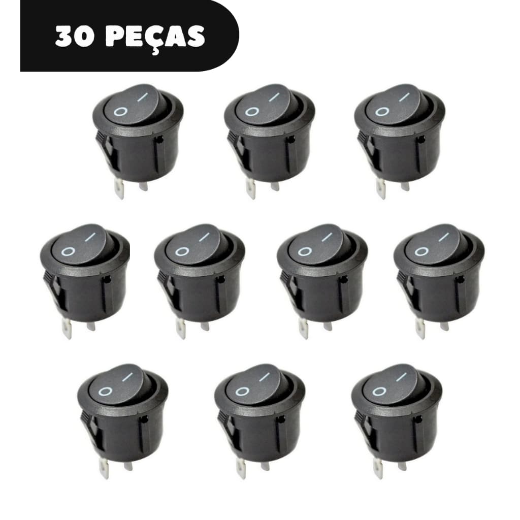 Kit 30 Chaves Gangorra Interruptor Botão On/Off Liga Desliga Preto 2 Terminais KCD1-106-101