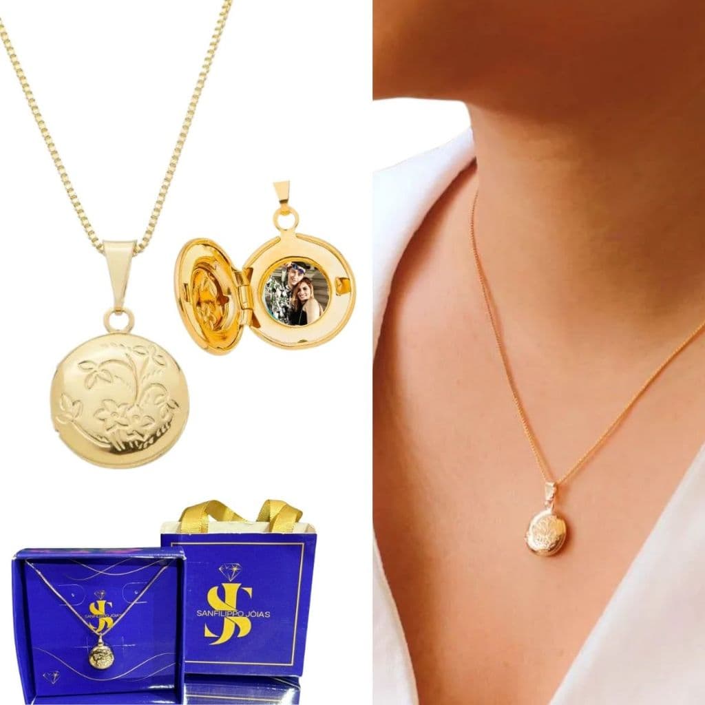 Relicário Ouro 18k mini + Fotos + corrente de 45cm+ caixa + folheado com garantia antialérgico