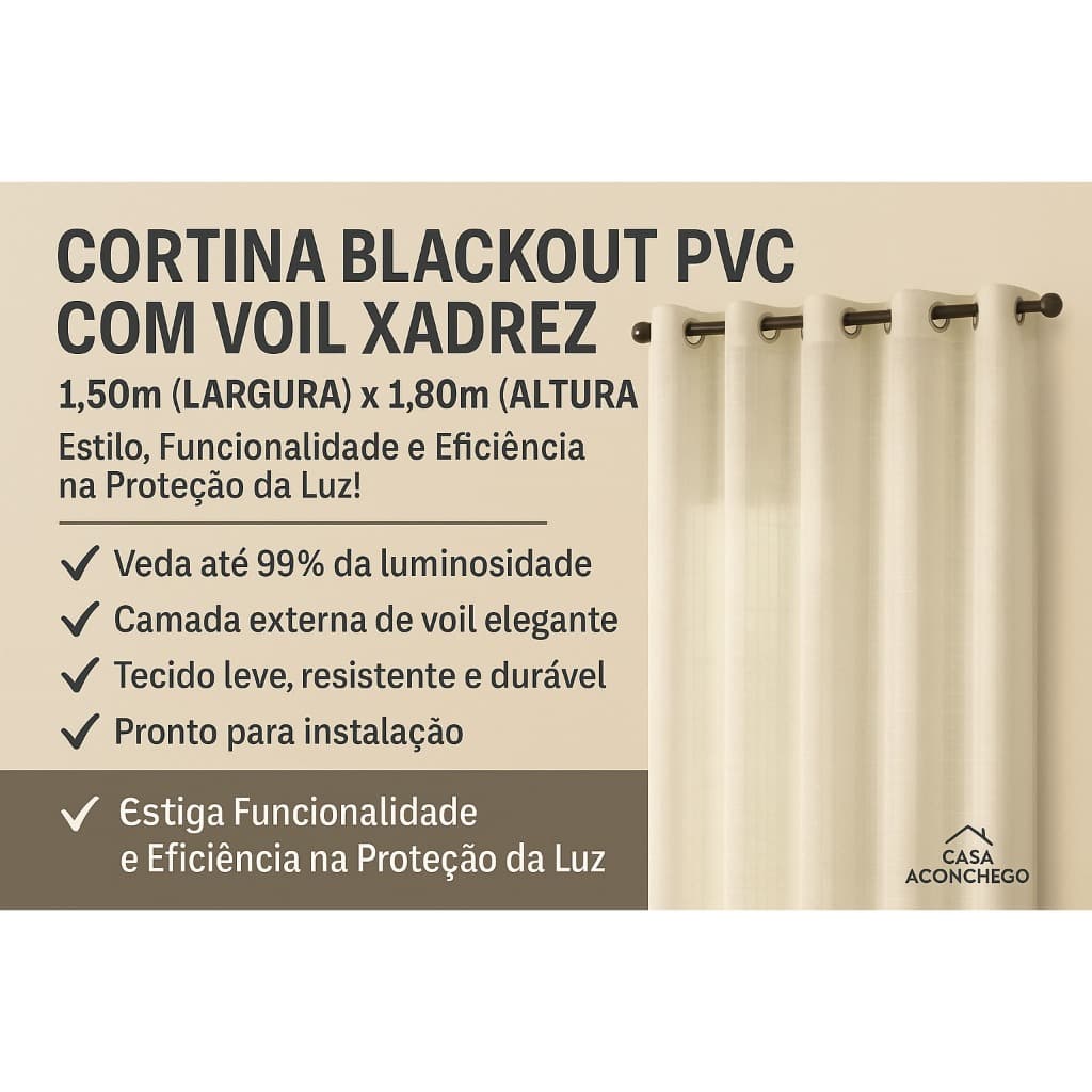 Cortina Blackout 1,50x1,80 Com Voil Xadrez Corta Luz Ideal para Janela de Sala Quarto ou Escritório