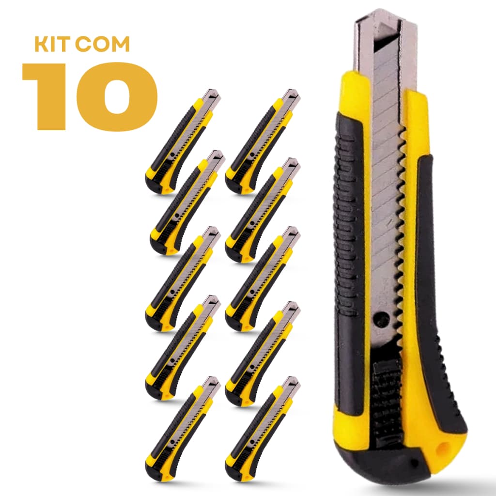 Estilete Profissional Retrátil Emborrachado 18Mm Kit 10 Unidades Trava Segurança Corte Preciso