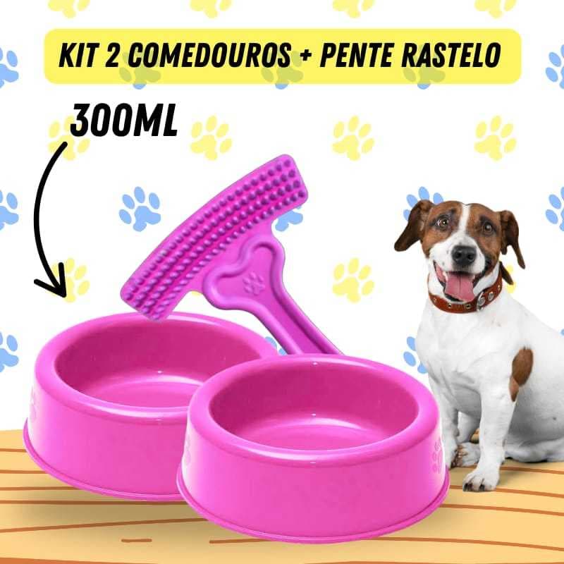 Escova Rastelo C/ Comedouro Bebedouro Cachorro Gato 2 de 300ml Com Escova Rastelo Cães e Gatos Pet