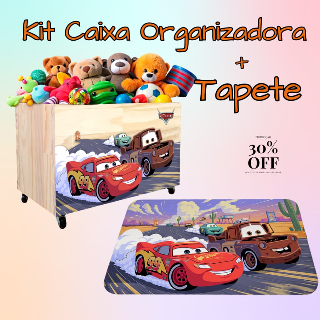 Kit Caixa Organizadora + Tapete de Porta, Caixote, Bau de Brinquedos com Rodinhas, Carros