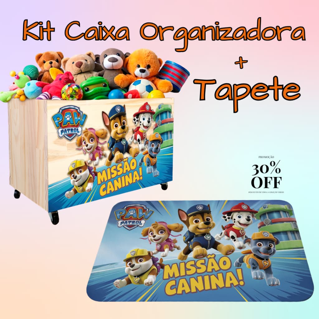 Kit Caixa Organizadora + Tapete de Porta, Caixote, Bau de Brinquedos com Rodinhas, Patrulha Canina