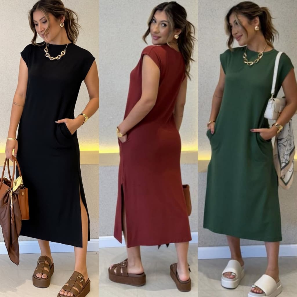 Loja do Brás Vestido  Midi  moletinho com fendas bolsos elegante e confortável básico