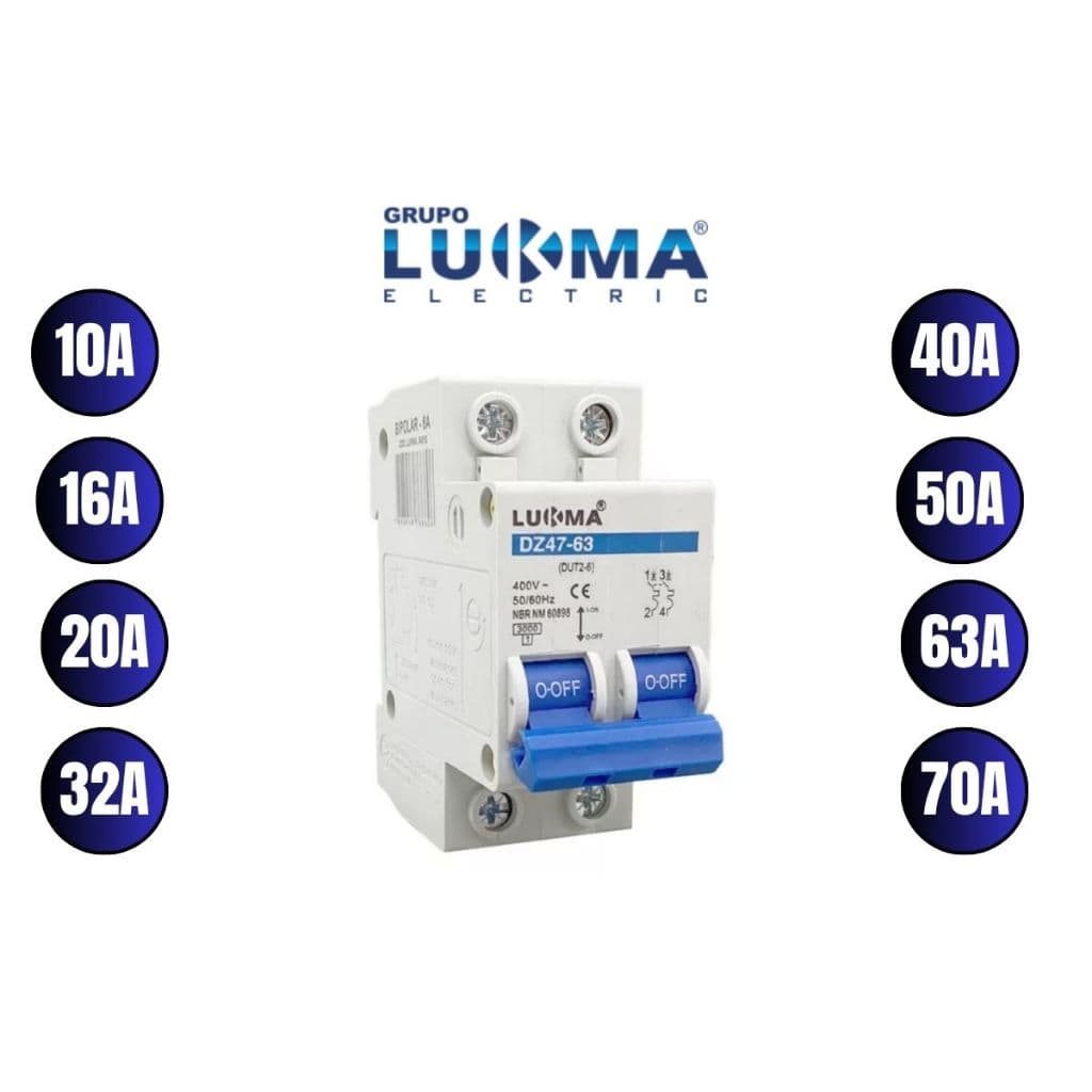 Disjuntor Bipolar 2 PÓLOS Lukma 10A 16A 20A 25A 32A 40A 50A 63A 70A