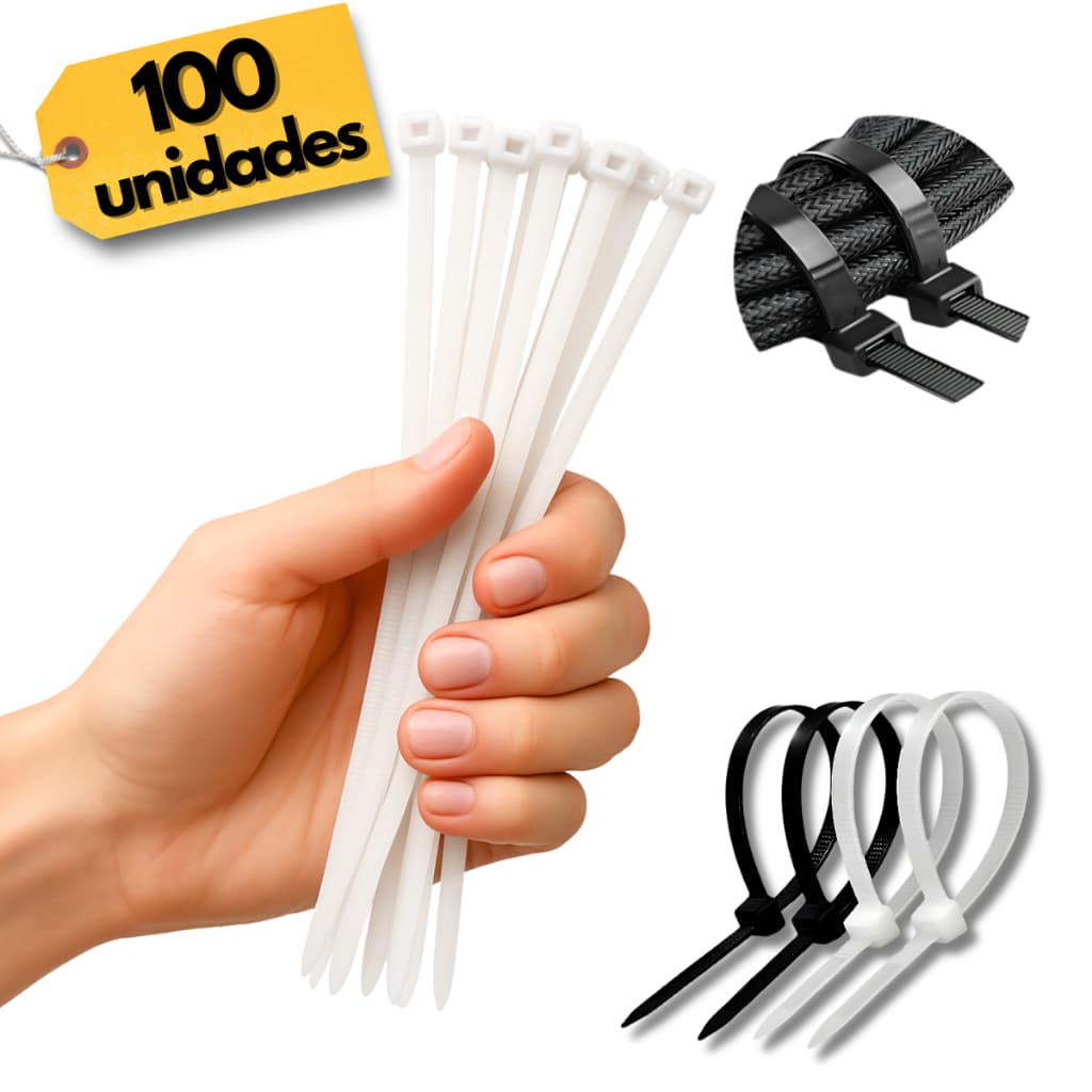 Kit com 100 Cintas Plásticas – Enforca Gato,  Abraçadeira de Nylon, Preto/Branco - Tamanhos Variados