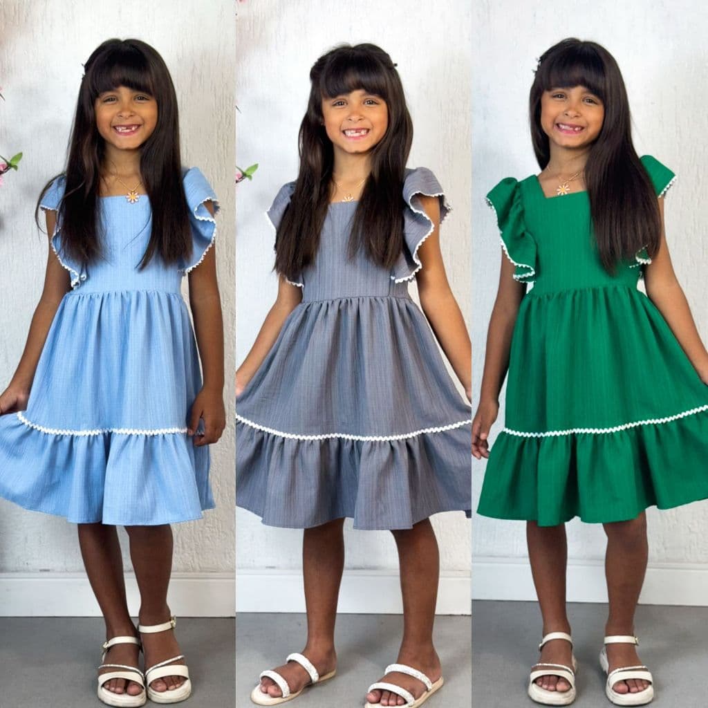 Vestido Infantil Manga Borboleta, com Babado, Com Ziper,nas Costas, Detalhe Renda branca