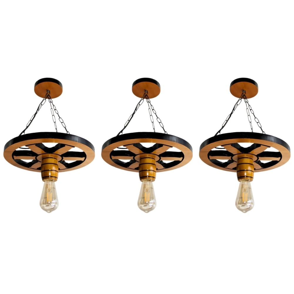 Kit 3 Luminária Lustre Roda de Carroça 33cm Pendente de Madeira Maciça Rústica Vintage - Cerejeira