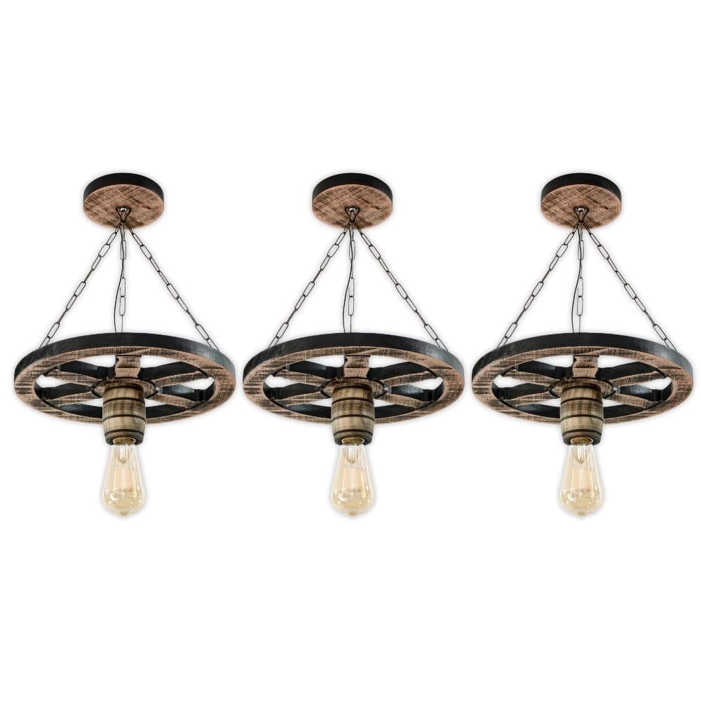 Kit 3 Luminária Lustre Roda de Carroça 33cm Pendente de Madeira Maciça Rústica Vintage - Rústico