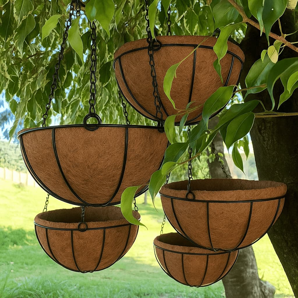 5 Vasos de Fibra de Coco 25cm Plantas Suspenso com Corrente