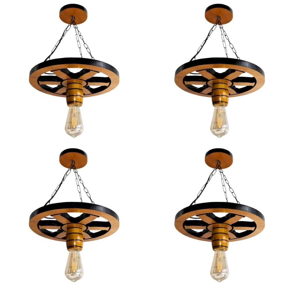 Kit 4 Luminária Lustre Roda de Carroça 33cm Pendente de Madeira Maciça Rústica Vintage - Cerejeira