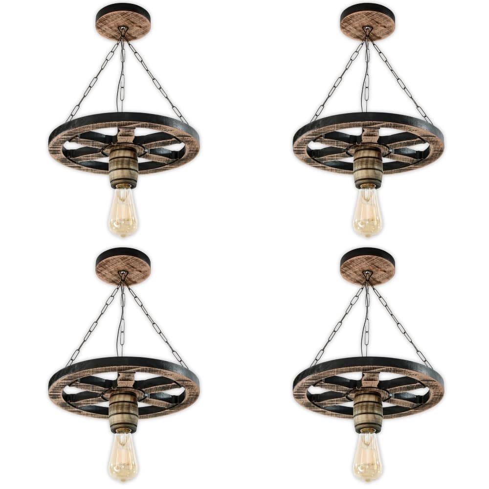 Kit 4 Luminária Lustre Roda de Carroça 33cm Pendente de Madeira Maciça Rústica Vintage - Rústico