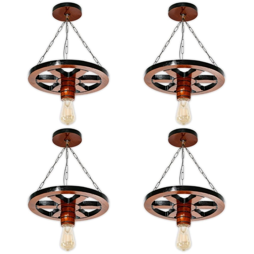 Kit 4 Luminária Lustre Roda de Carroça 33cm Pendente de Madeira Maciça Rústica Vintage - Mogno