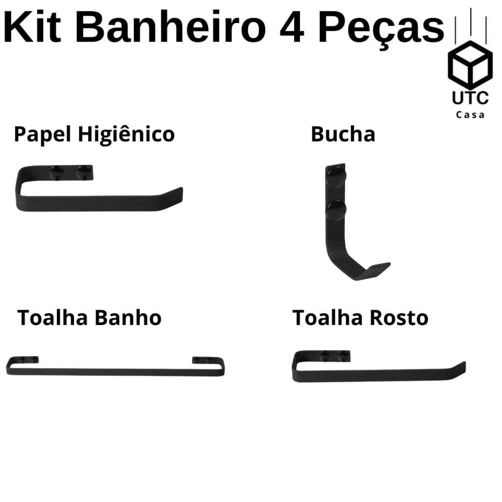 Kit Acessórios Para Banheiro Preto Fosco 4 Peças Quadrado Toalha Papel Bucha Promoção Lavabo