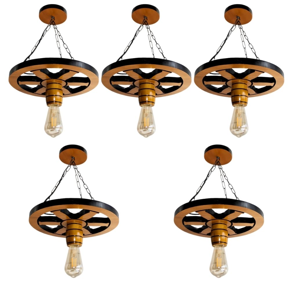 Kit 5 Luminária Lustre Roda de Carroça 33cm Pendente de Madeira Maciça Rústica Vintage - Cerejeira
