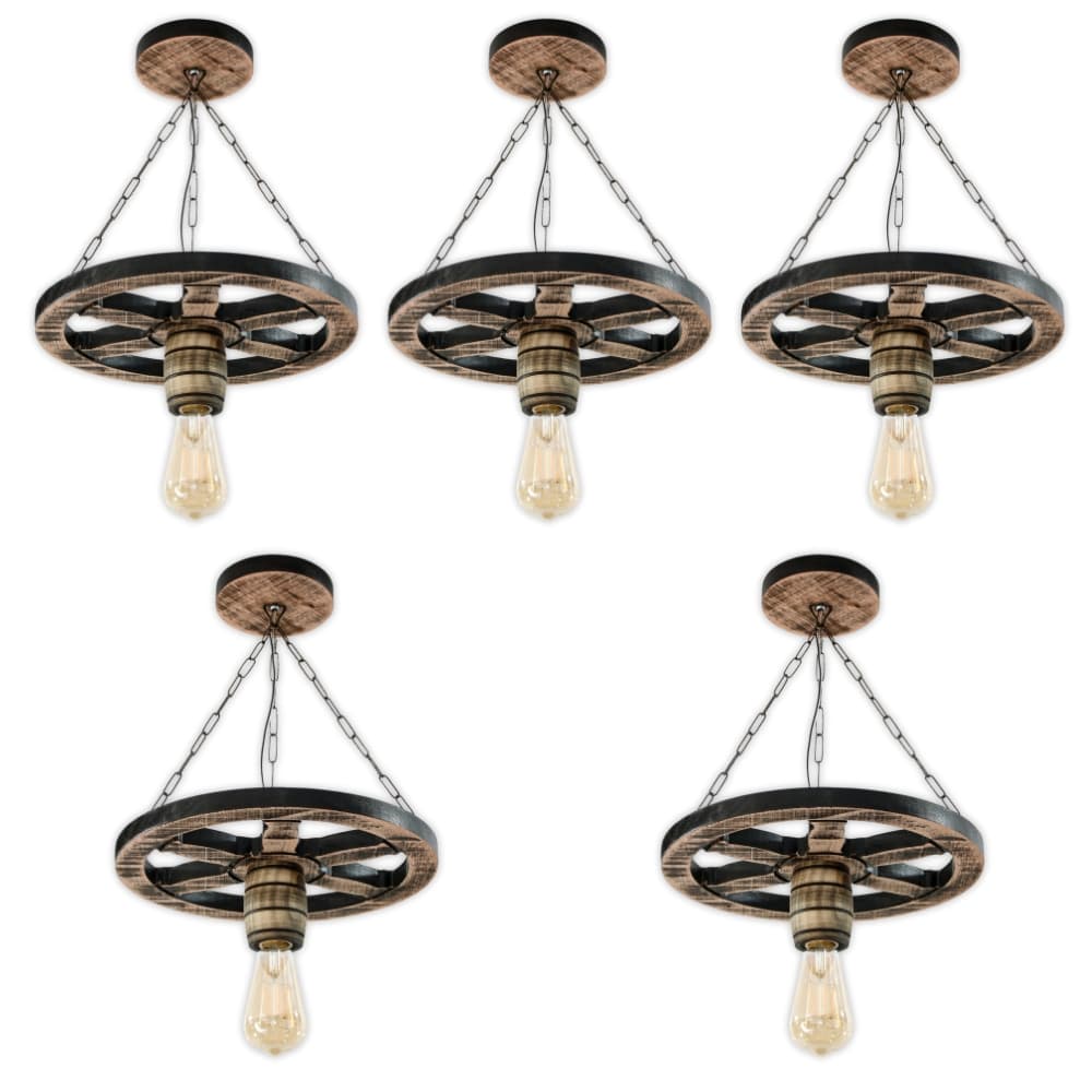 Kit 5 Luminária Lustre Roda de Carroça 33cm Pendente de Madeira Maciça Rústica Vintage - Rústico