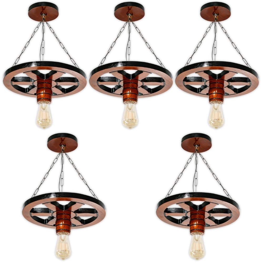 Kit 5 Luminária Lustre Roda de Carroça 33cm Pendente de Madeira Maciça Rústica Vintage - Mogno