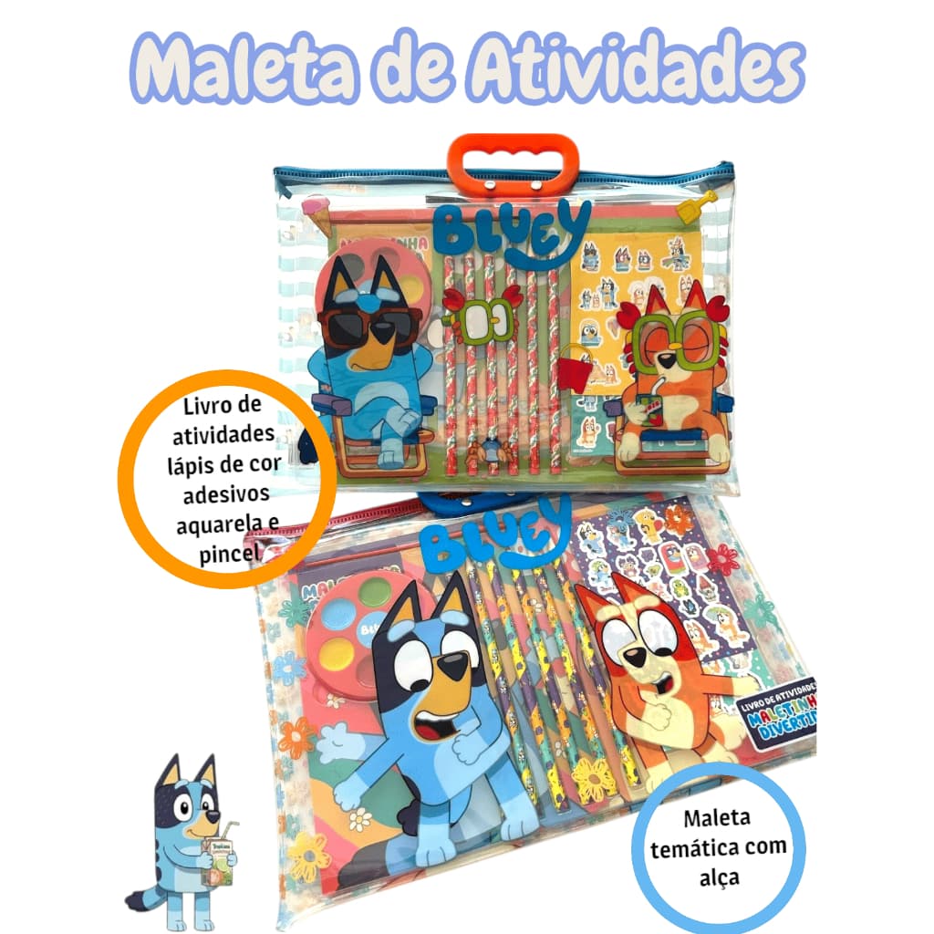 Bluey Maletinha de Atividades Infantil com Lápis, Adesivos e Giz de Cera – Kit Criativo Educativo