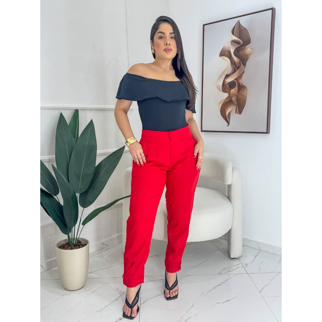 Calça Feminina Alfaiataria Cintura Alta com Botões Bolso e Zíper