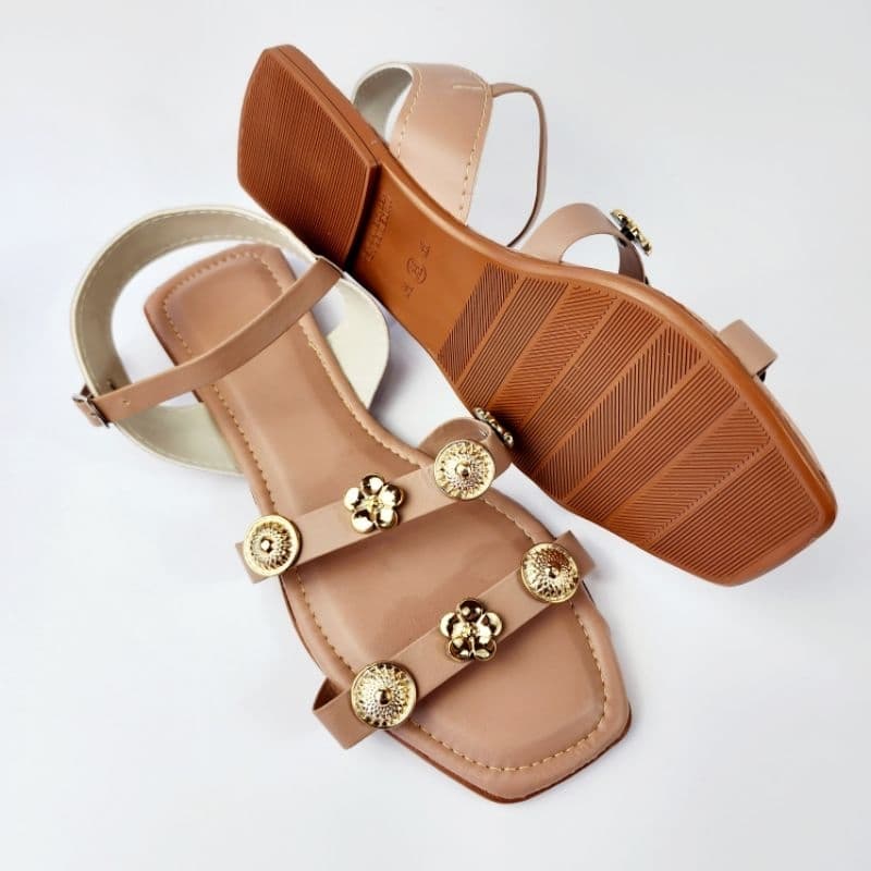 Rasteirinha Sandália Feminina  Pedraria Dourada Elegante Moda Feminina Confortável Casual Dia a Dia Sandália Rasteirinha