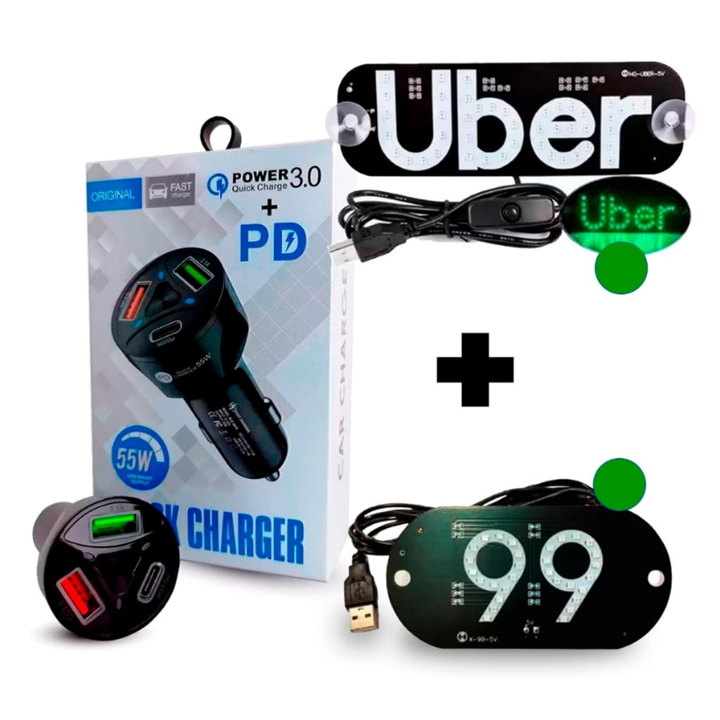 Kit Placa Led Motorista Aplicativo 99 Azul + Carregador Veicular Turbo USB 3.0 e USB-C