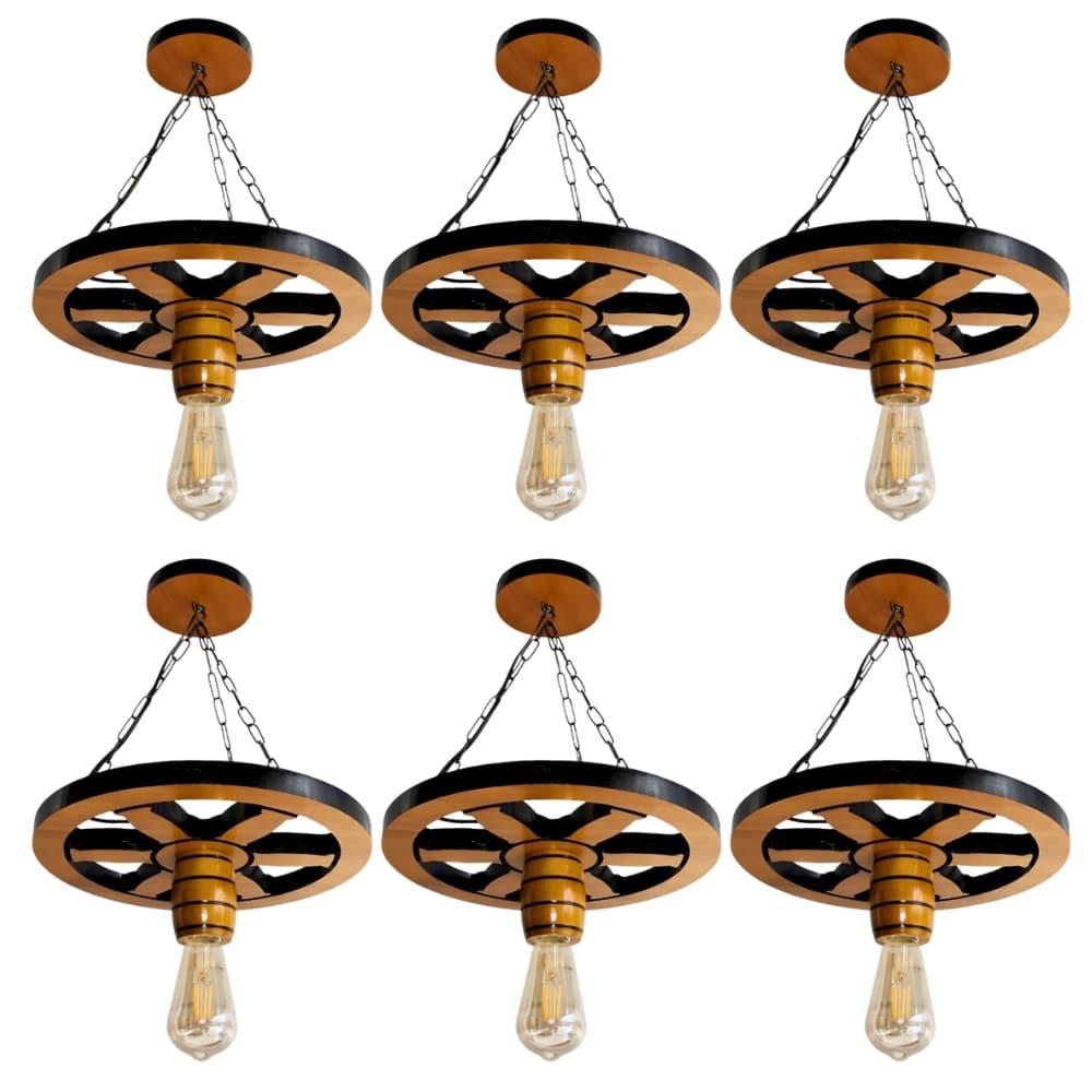 Kit 6 Luminária Lustre Roda de Carroça 33cm Pendente de Madeira Maciça Rústica Vintage - Cerejeira
