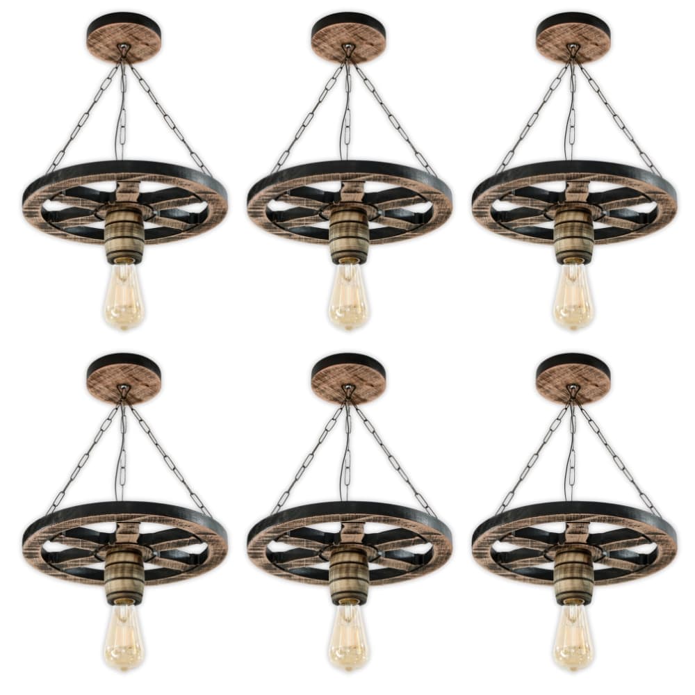 Kit 6 Luminária Lustre Roda de Carroça 33cm Pendente de Madeira Maciça Rústica Vintage - Rústico