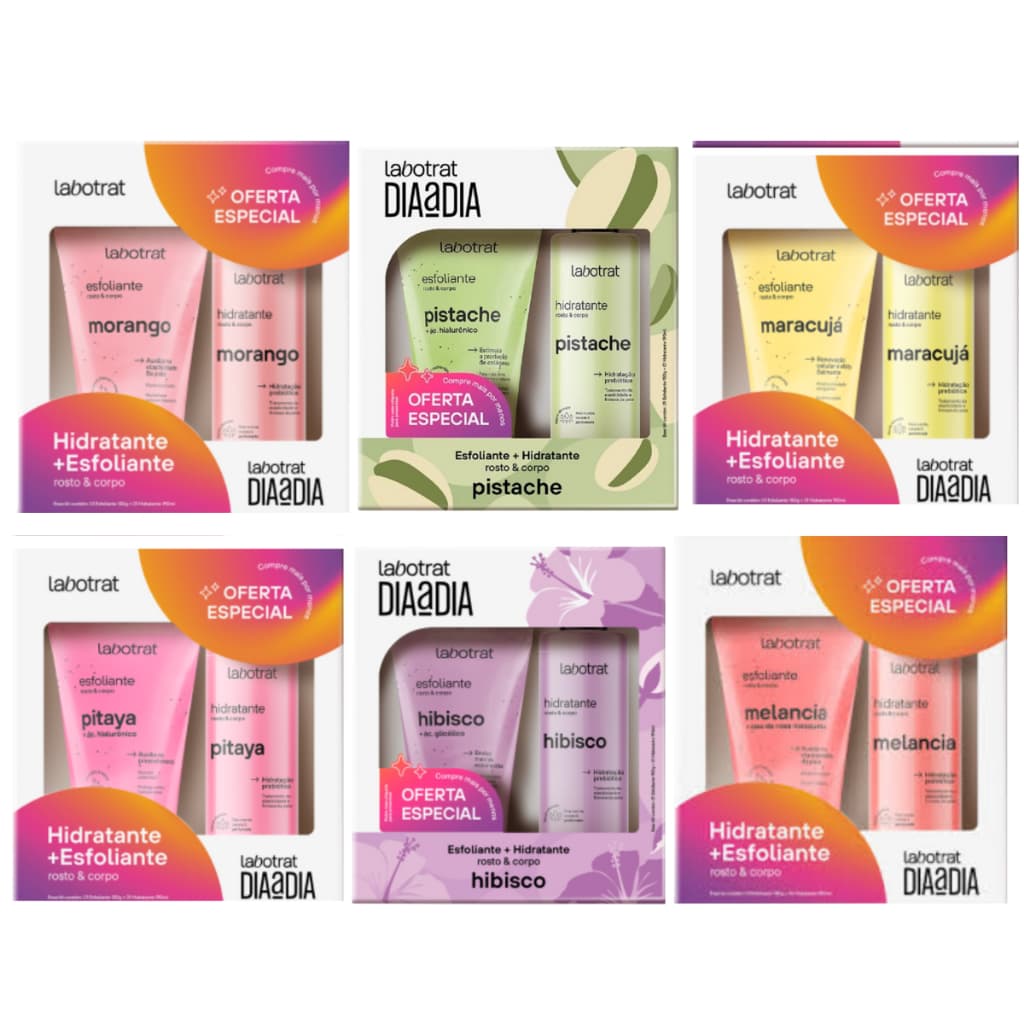 Kit Esfoliante 150g + Hidratante 190g Labotrat Pistache Hibisco Morango Melancia Pitaya Maracuja