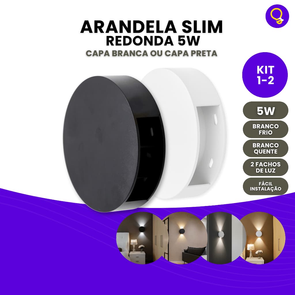 Arandela Slim Redonda de Led 5w Para Ambientes 110v/220v Internos e Externos Branco ou Preto