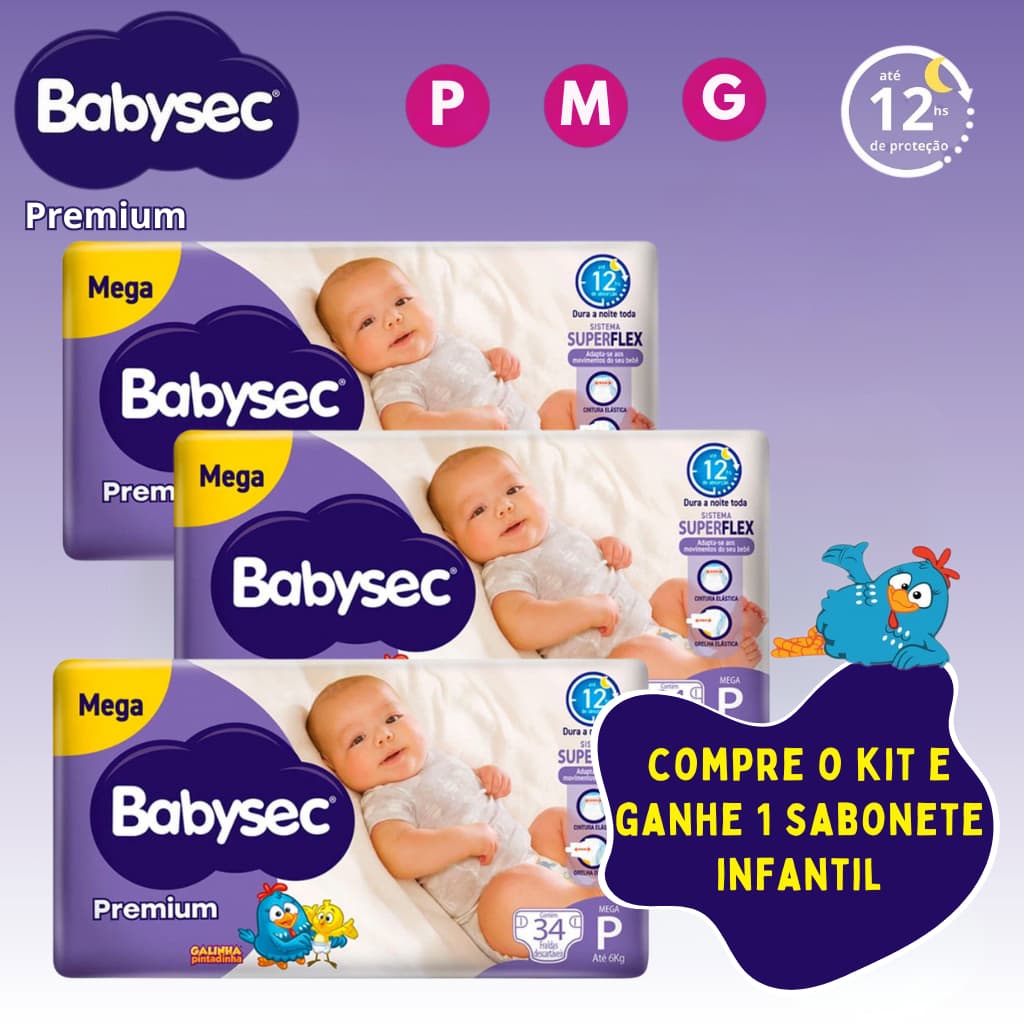 3 Pacotes Fralda Infantil Descartável Babysec Galinha Pintadinha Premium