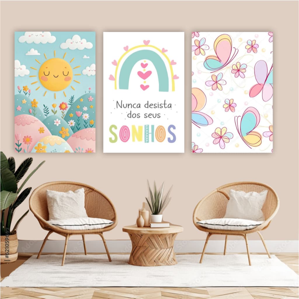 Quadro decorativo 3 peças nunca desista dos seus sonhos decoração para quarto infantil menina