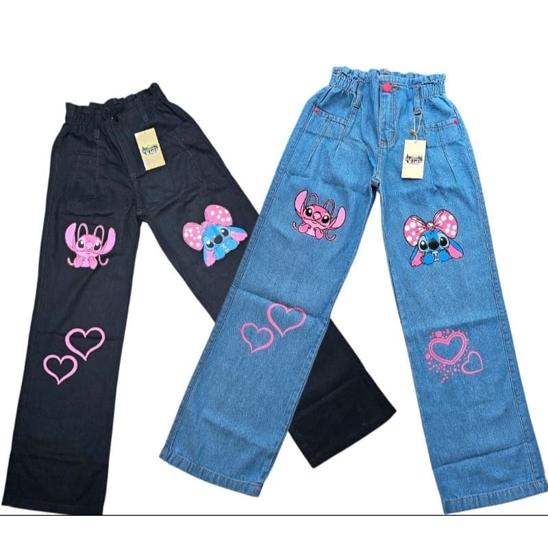 kit 2 calça  jeans juvenil stistch infantil  feminina  com lycra  no tamanho 10 12 14 16 anos menina calça stitch