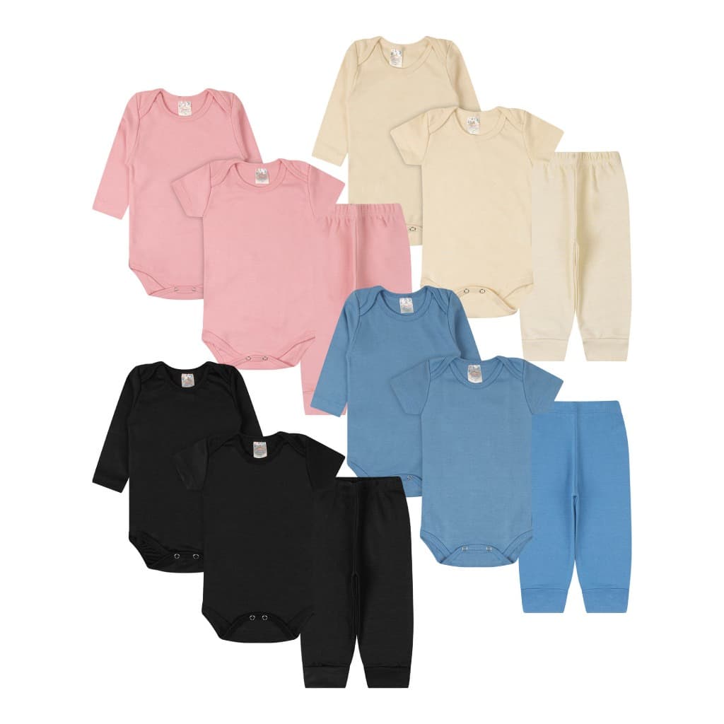 Kit 6 Peças Body Suedine 100% Algodão Body e Calça Infantil Bebê Unissex Tamanho P ao 1 Anos