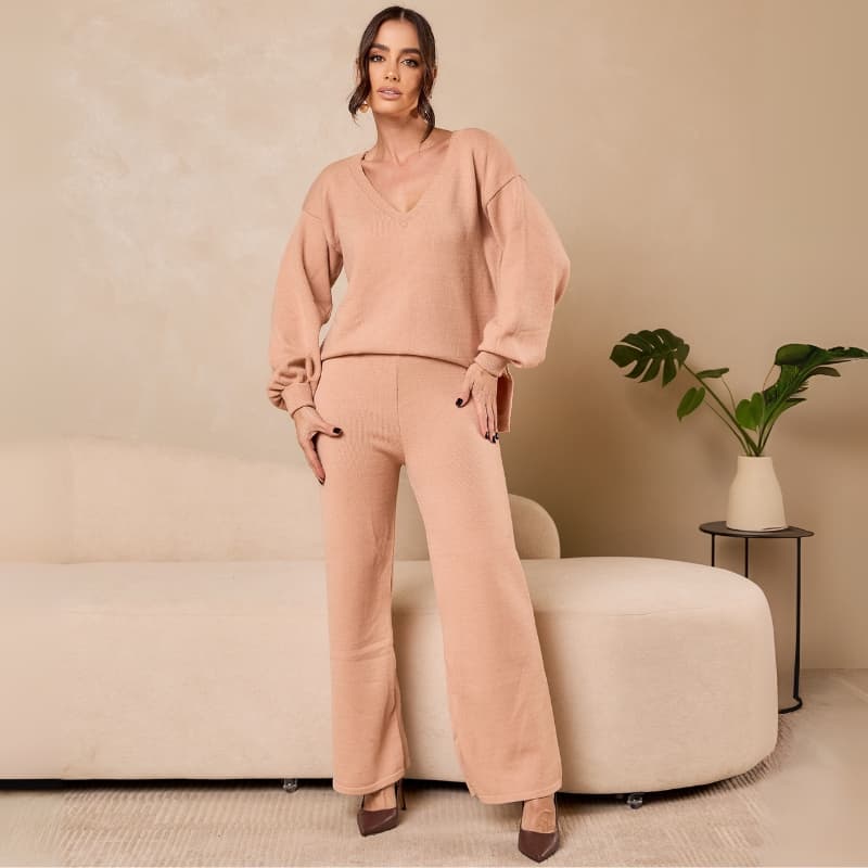 Conjunto Feminino Tricô Modal Blusa Manga Longa e Calça Inverno Conforto Elegante