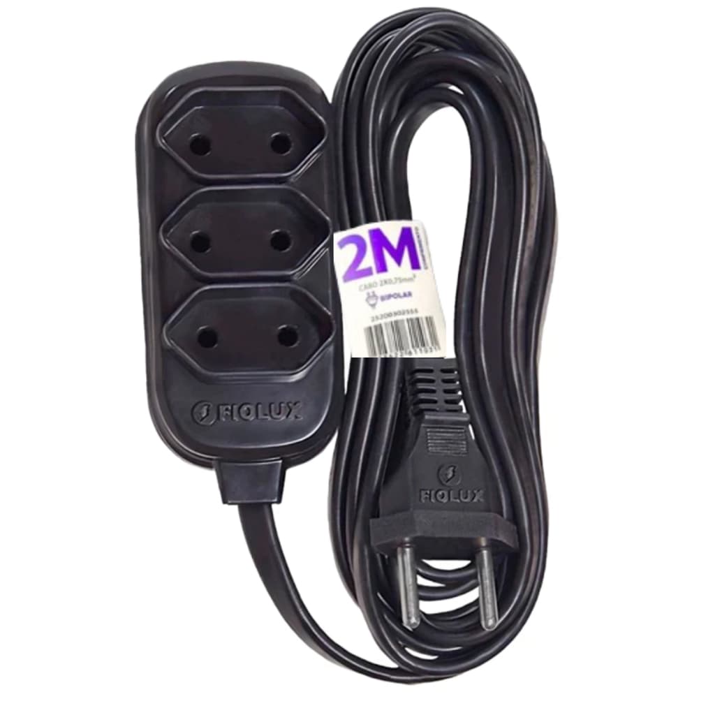 Extensão Elétrica Bipolar 3 Tomadas Bivolt 2m Preto Fiolux