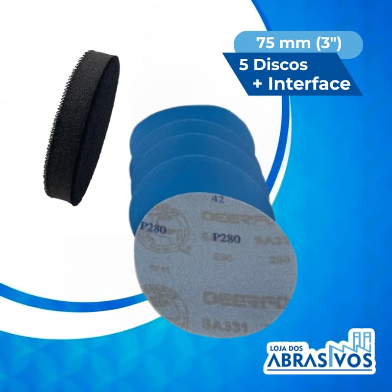 Kit 5 Discos Lixa hookit Base Velcro 3 Pol. 75mm Sem furo Disco para Lanternagem faróis + Interface