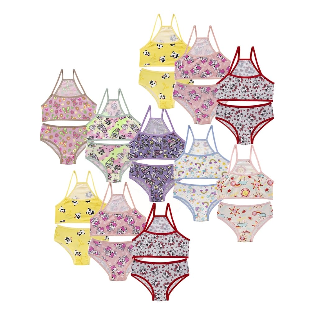Kit 15 Conjunto Estampado Infantil Menina Moça Microfibra Top e Calcinha